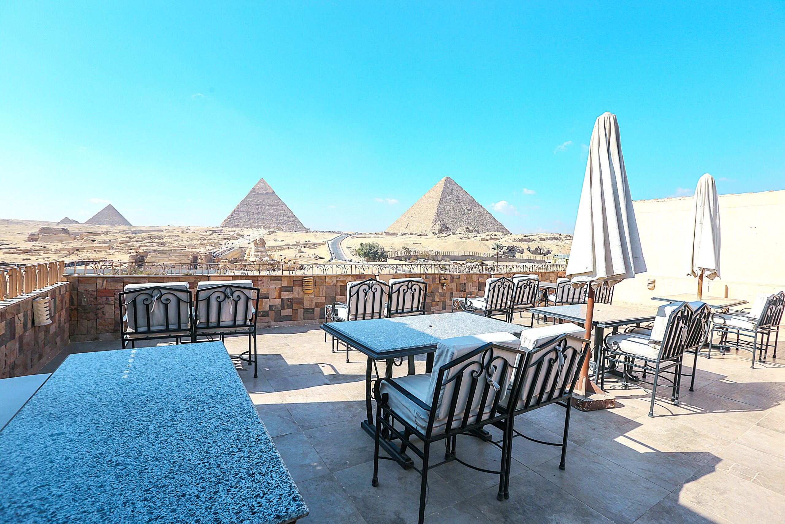 Guardian Guest House rooftop terrace with views towards the pyramids